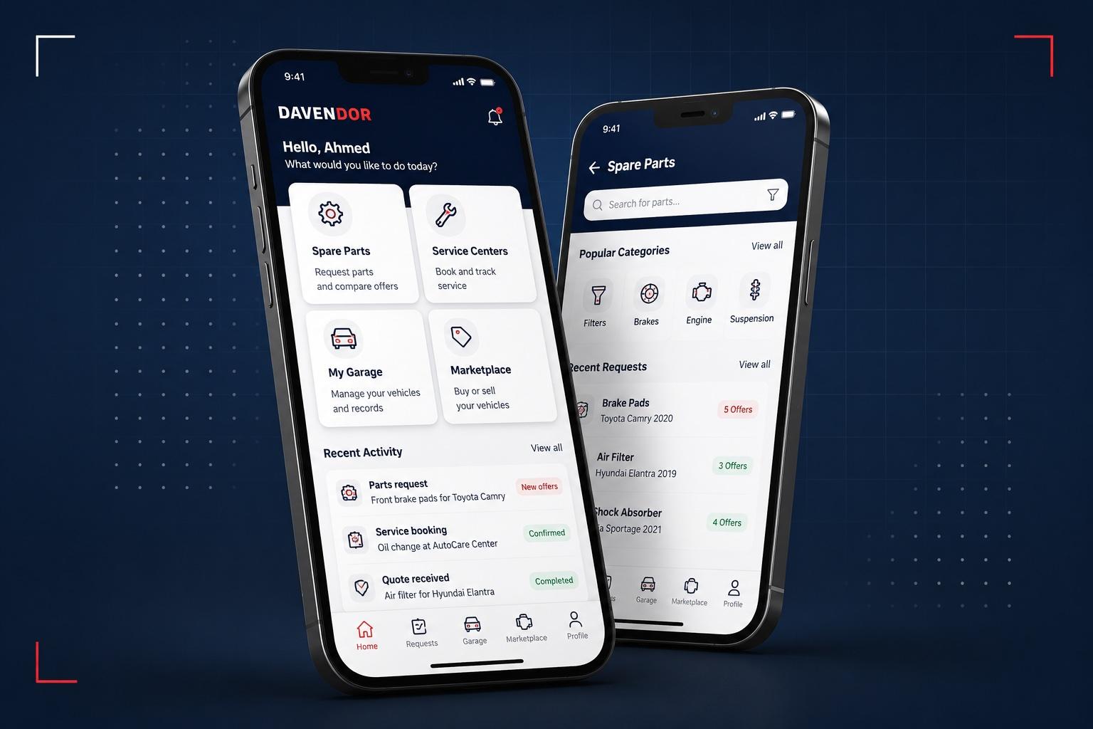 عرض لتطبيق DAVENDOR للمشترين يوضح إدارة السيارة وقطع الغيار والخدمات والجراج ونشاط السوق.